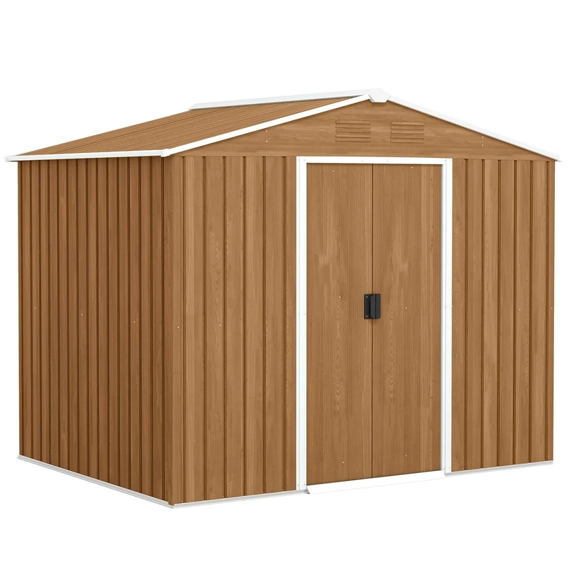 Outsunny 7.7 x 5.7ft Metal Garden Shed with Ventilation Slots and Sliding Doors, Galvanised Outdoor Tool Storage House, Brown Wood Effect