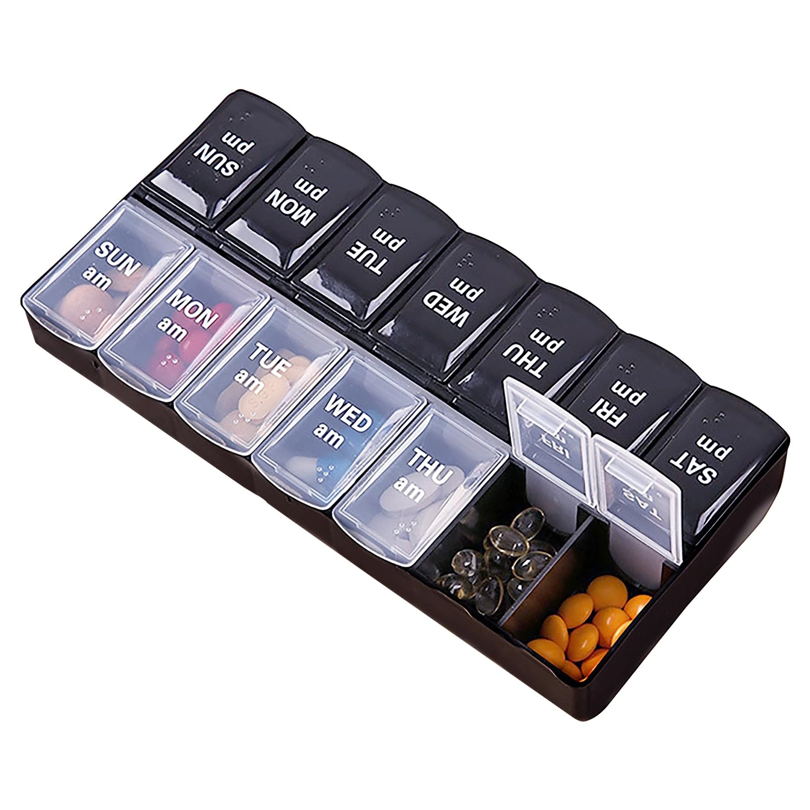 WOLMIK Weekly Pill Organiser with Am/Pm Compartments, Tablet Storage Box, Travel Pill Boxes, BPA-Free Medication Organizer, Easy to Open Daily Pill Case to Hold Vitamins, Cod Liver Oil and Medication