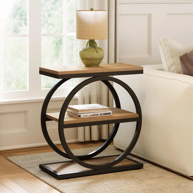 LITTLE TREE 3-Tier End Table, Side Table with Storage Shelves, Small Sofa Side Table for Living Room, Wooden Side End Table with Double Round Metal Legs, Slim Nightstand and Bedside Table, Oak
