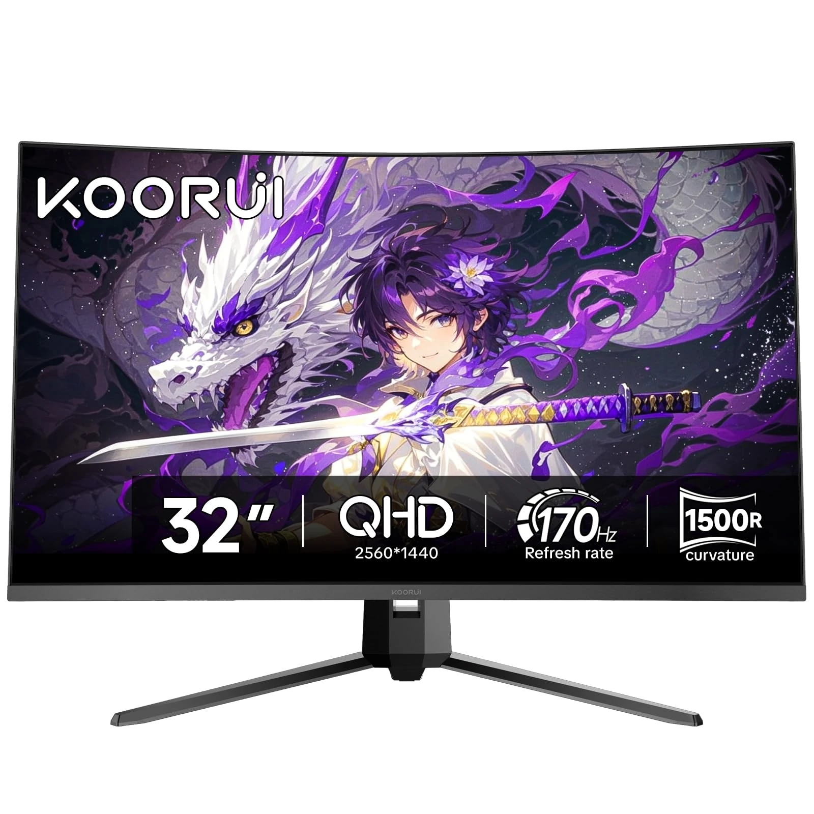 KOORUI 32 inch Curved Gaming Monitor,1440p(2560x1440),170Hz.1ms, 2K, QHD,VA 1500R, HDR10,Adaptive Sync, VESA & Eye Care Ultra-Thin Support DP/HDMI