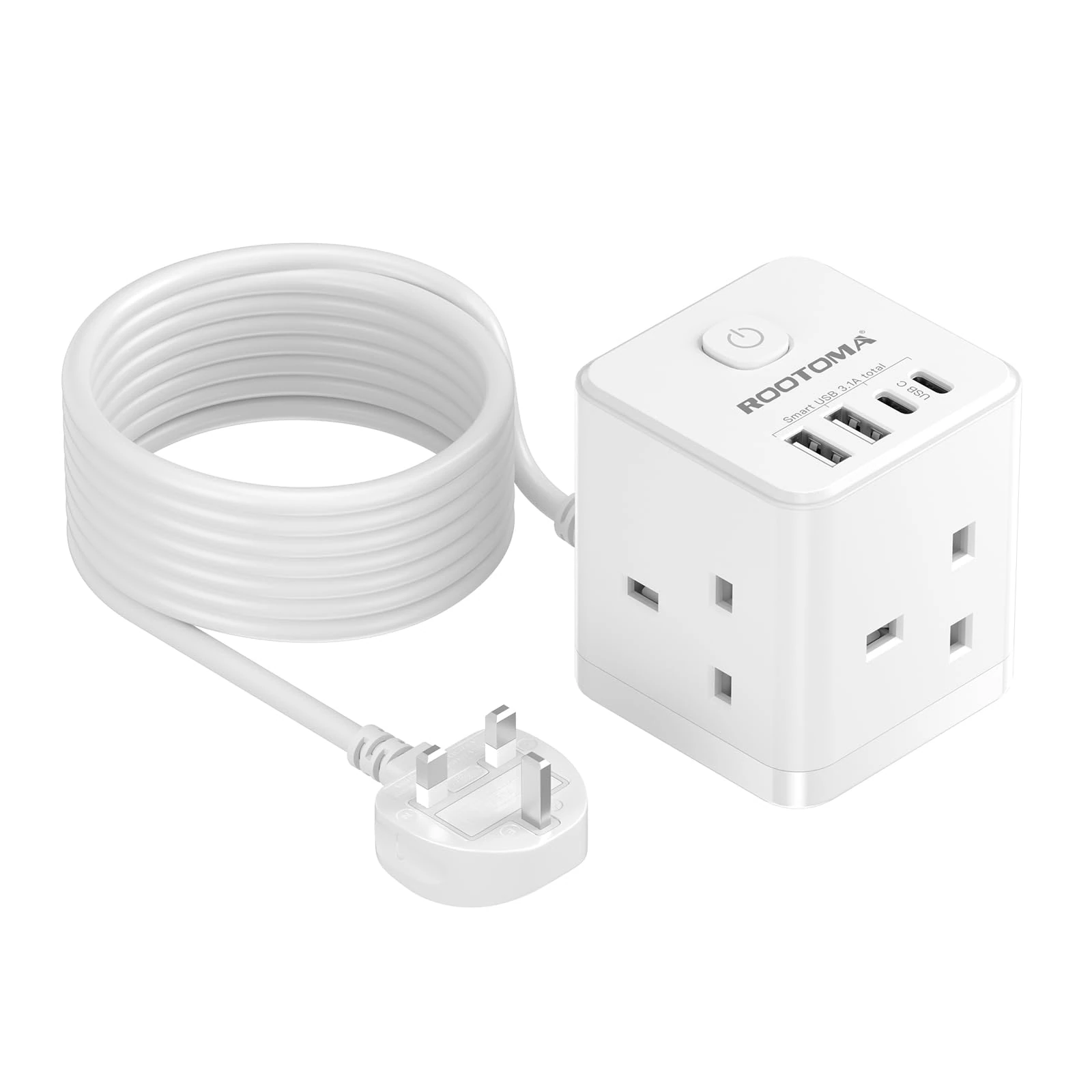 Extension Lead 5M with USB Slots, 3 Way Cube Power Extension with 4 USB (5V/3.1A 15.5W), Small Tower Extension Lead for Home, Office, Dorm Room, 13A/3250W