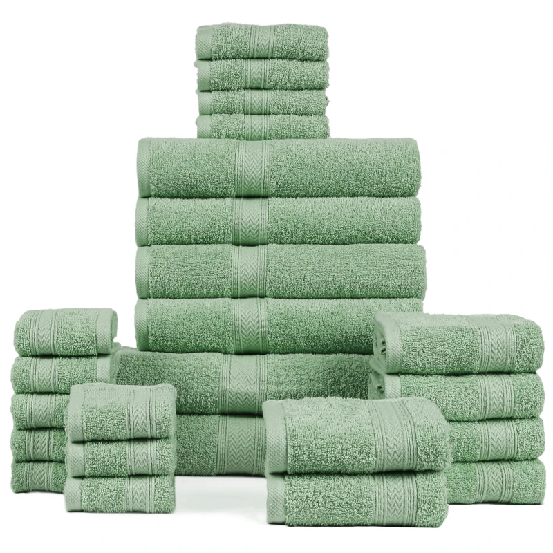 HILLFAIR - 100% Cotton 24 Piece Bath Towels Set for Bathroom- 24 PC Bulk Pack - Quick Dry Absorbent Hotel Spa Towel Set- 2 XXL Oversized Sheets, 4 Bath, 6 Hand, 4 Fingertip Towels, 8 Washcloths: Sage