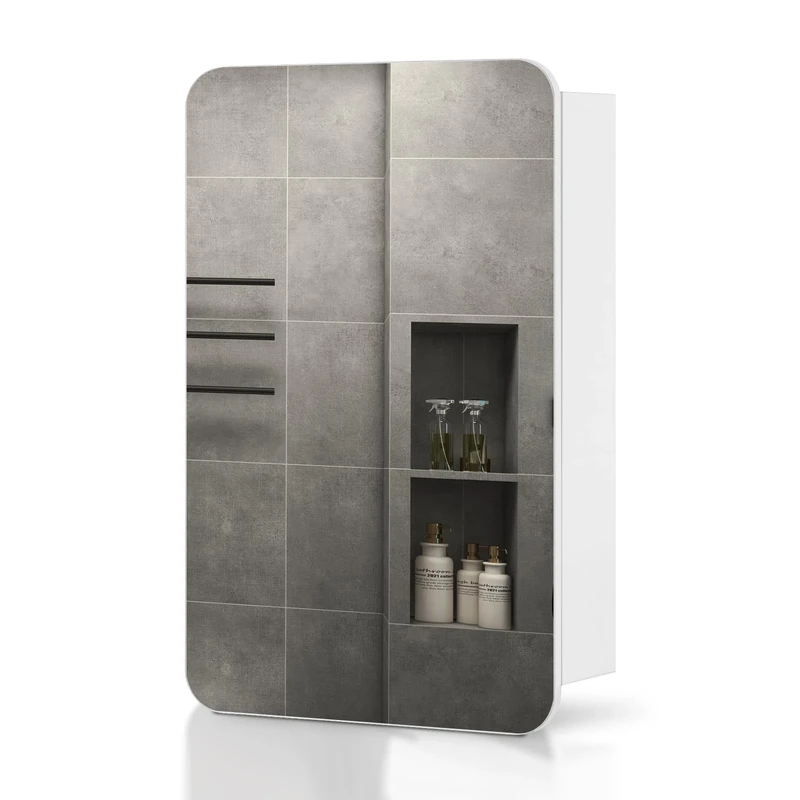 TUKAILAi Single Door Bathroom Mirror Cabinet, 50 x 70cm White Wall Mounted Cabinet with Storage Shelf 1 Round Corner Mirror Storage Cabinet for Bathroom Washroom, Medium