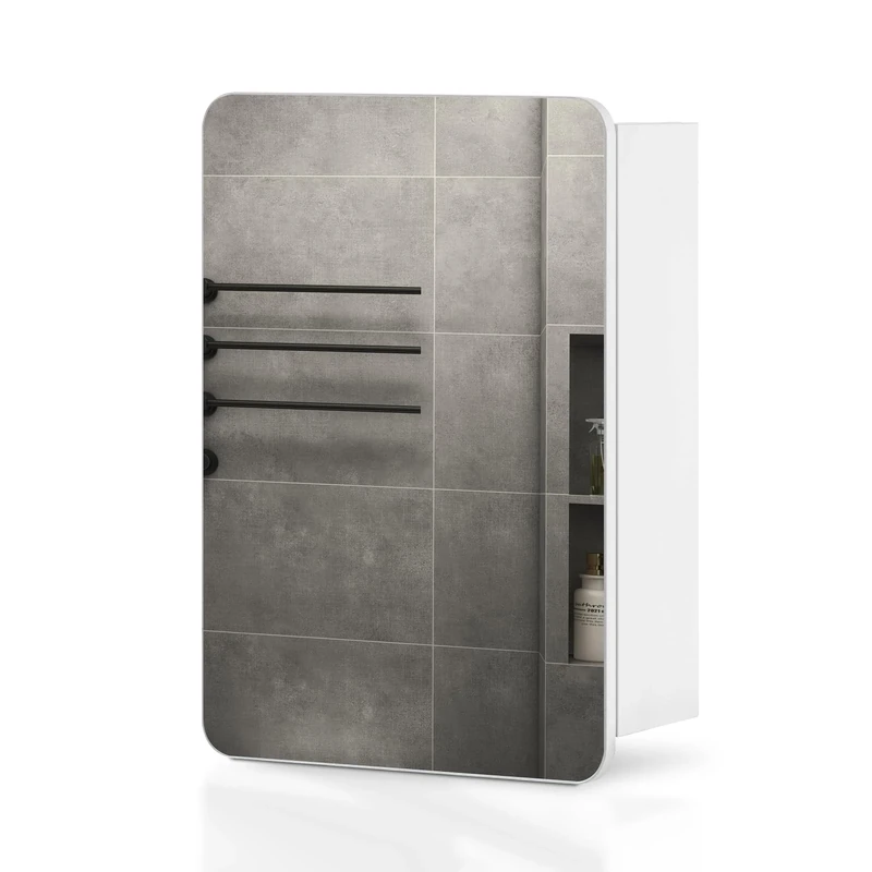 TUKAILAi Single Door Bathroom Mirror Cabinet, 40 x 50cm White Wall Mounted Storage Cabinet with Storage Shelf 1 Round Corner Mirror for Bathroom Washroom, Small