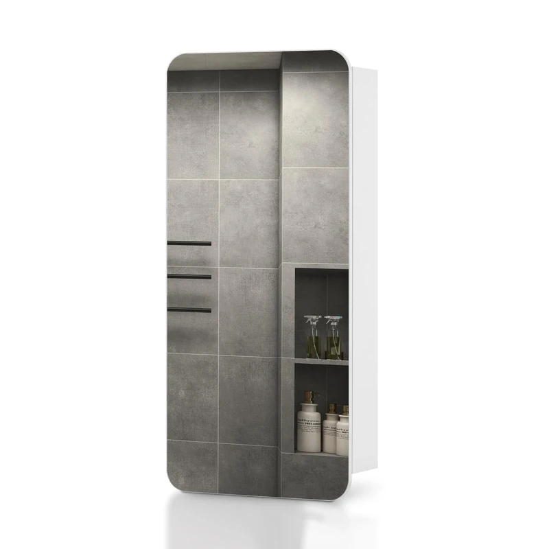 TUKAILAi Single Door Bathroom Mirror Cabinet, 45 x 90cm White Wall Mounted Storage Cabinet with 3 Storage Shelfves Round Corner Mirror Cupboard 1 Door for Bathroom Washroom, Large