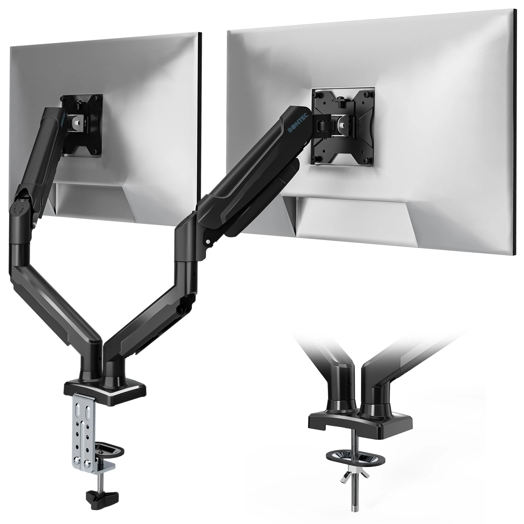 BONTEC Dual Monitor Stand, Adjustable Gas Spring Arms Monitor Desk Mount for 13-32 Inch Screens, VESA 75 & 100mm, 9KG Max Load, C Clamp, Grommet Base, Tilt, Swivel, 360° Rotation, Ergonomic Design