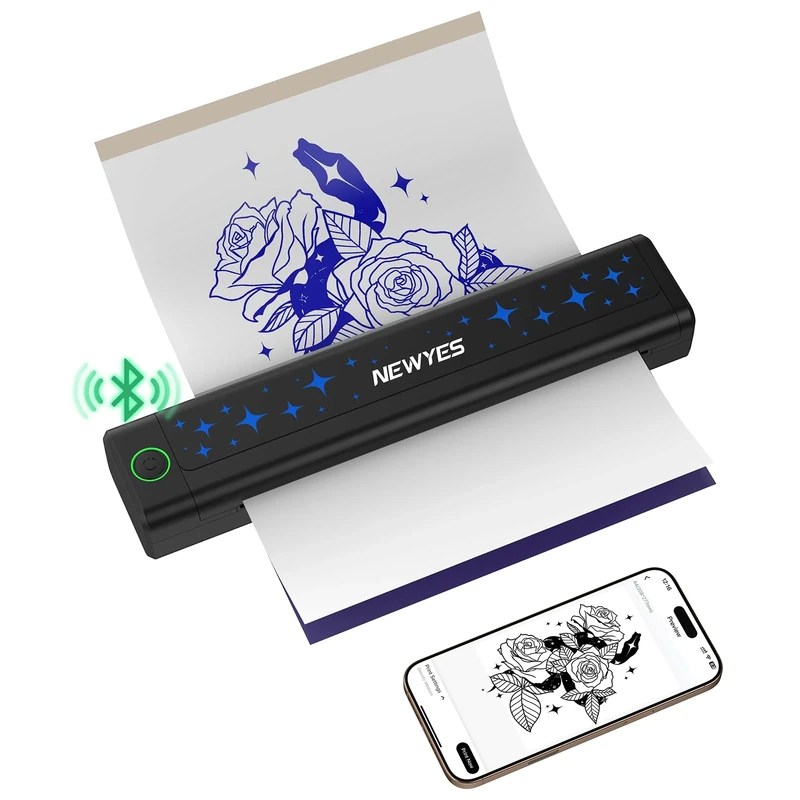NEWYES Tattoo Stencil Printer, Portable Tattoo Printer Suitable for Professionals and Beginners, Compatible with Phones, Tablets, and Computers, 10 Pcs Tattoo Disposables