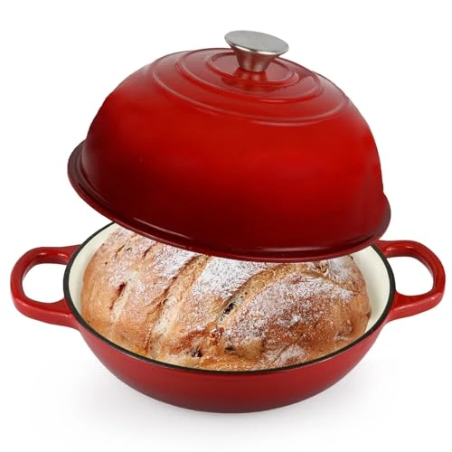 Enameled Cast Iron Bread Oven, Dutch Oven Pot with Lid, 10" Bread Dutch Oven for Sourdough Bread Baking, 6 Quarts Bread Pan with Dome Lid, Non-stick Cookware for Homemade Bread, Red