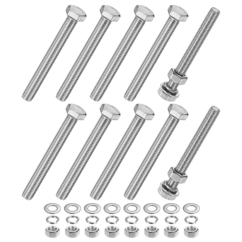 M METERXITY 10-Pack Hex Head Screw Bolt with Nuts Flat & Lock Washers M10x95mm Stainless Steel Bolts and Nuts Kit Fully Threaded Metric Bolt Assortment for Equipment/Machinery