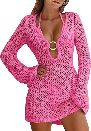 Women's Crochet Beach Cover Up Mini Dress - Summer Knit Swimwear Mesh Bathing Suit With Hollow Out Design - Vacation Bikini Swimsuit, Rosered