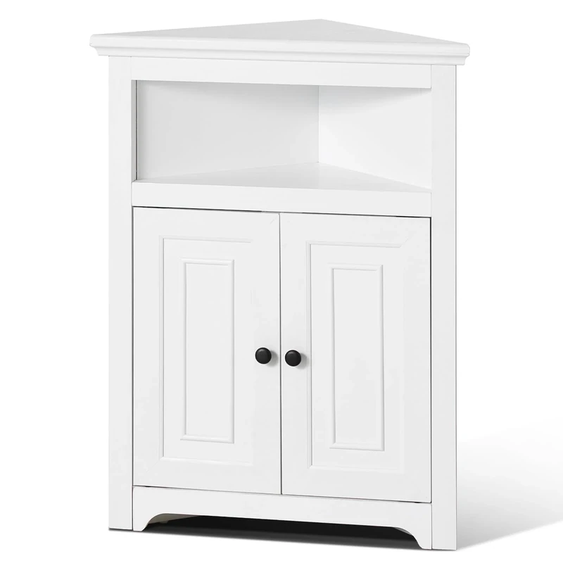VEVOR 32" Corner Storage Cabinet, 3 Tiers Small Storage Cabinet with 2 Wooden Doors & Adjustable Shelves, Freestanding Corner Kitchen Cabinet for Living Room, Kitchen, Laundry Room, Bathroom, White