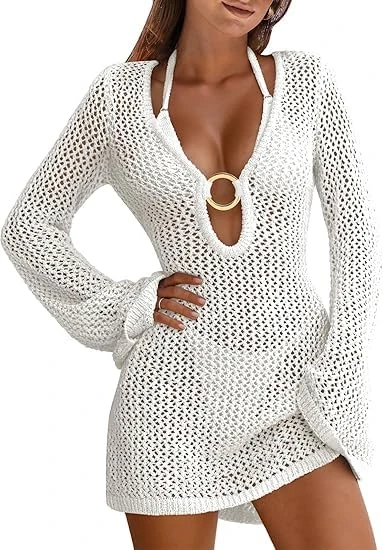 Women's Beach Crochet Cover-Up Summer Knit Swimwear Mesh Bathing Suit Hollow-Out Mini Dress Vacation Bikini White