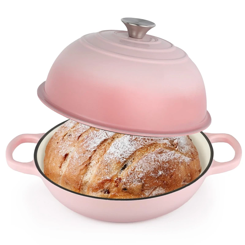 Enameled Cast Iron Bread Oven, Dutch Oven Pot with Lid, 10" Bread Dutch Oven for Sourdough Bread Baking, 6 Quarts Bread Pan with Dome Lid, Non-stick Cookware for Homemade Bread, Pink