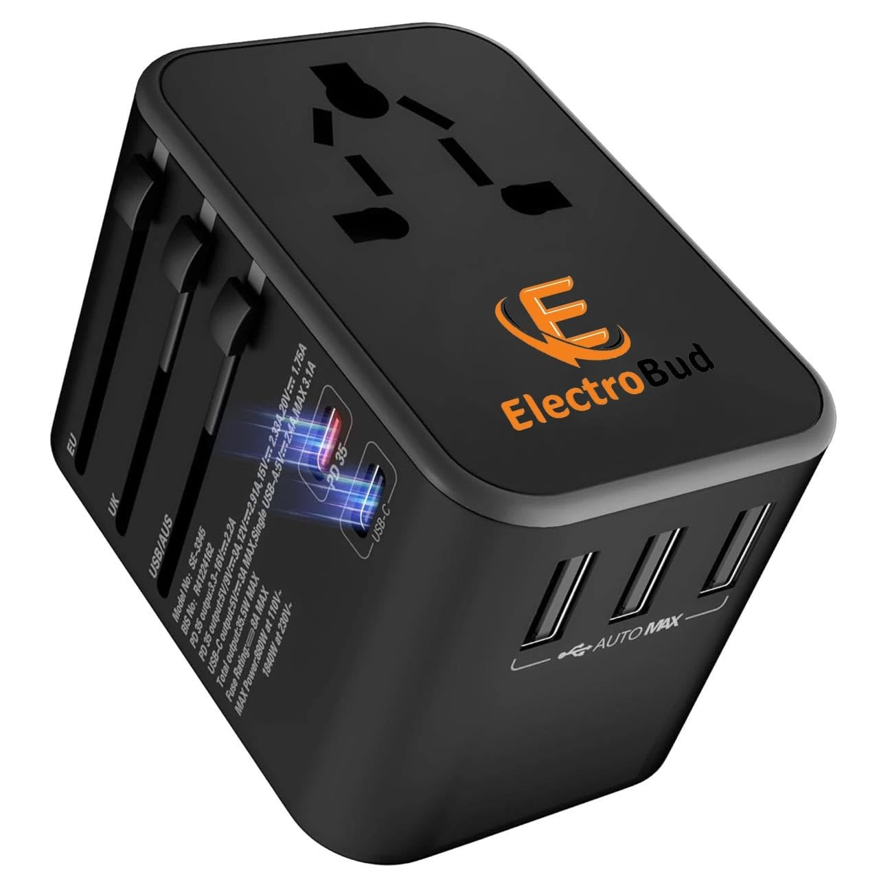 ElectroBud 6 in 1 International Travel Adapter, with Universal Adapter Plug Socket, 2 x USB-C Ports & 3 x USB-A – US, UK, Europe Worldwide Travel Adapter