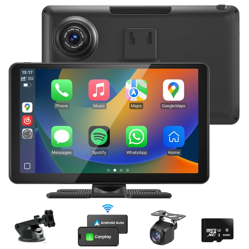 Wireless Apple CarPlay Android Auto Screen for Car Stereo 9" 1080P Front Reverse Camera Touch Screen Portable Sat Navi Vedio Music Player Bluetooth WiFi, Live Maps, Voice Control, Mirror Link