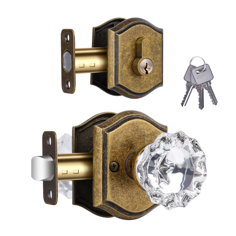 CLCTK Crystal Glass Passage Door Knob and Single Cylinder Deadbolt Combo Set, Antique Brass Finish
