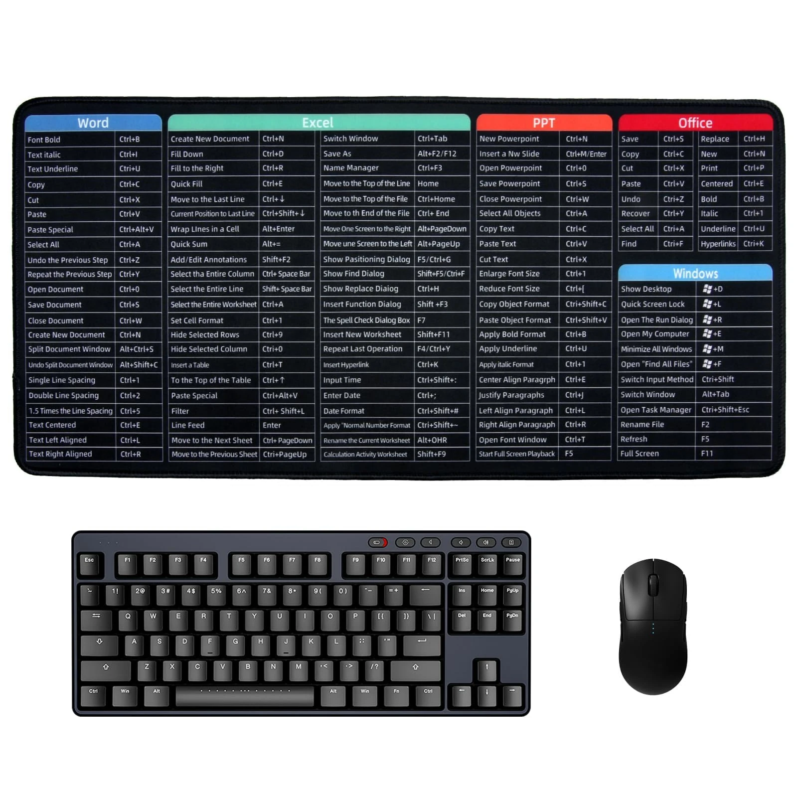 Keyboard Excel Shortcuts Mouse Mat, 80x30cm Large Non-Slip Desk Mat with Clear Excel Shortcut Keys Printing, Multifunctional Gaming Mouse Pad, Smooth Surface for Laptop MacBook PC Office Home Use