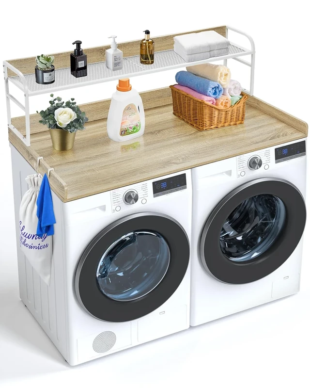 VEVOR Washer Dryer Countertop with 2-Tier Shelf, 54" x 27" Wooden Washer and Dryer Countertop with Anti-Slip Pads, Water-Resistant Laundry Topper Cover for Laundry Room Organization and Storage, Oak