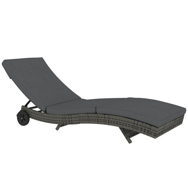 Outsunny Outdoor PE Rattan Sun Lounger, Wicker Garden Lounger with Cushion, 5-Level Adjustable Backrest, Rolling Sunbed with Wheels for Patio Beach, Dark Grey