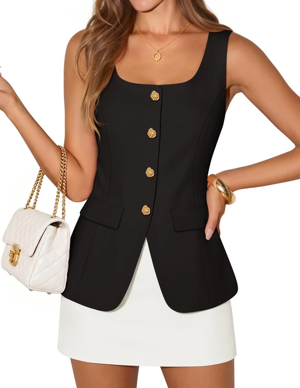 ZESICA Women's 2025 Summer Casual Sleeveless Suit Vest Square Neck Button Down Work Business Blazer Vests Waistcoat, Black, X-Large