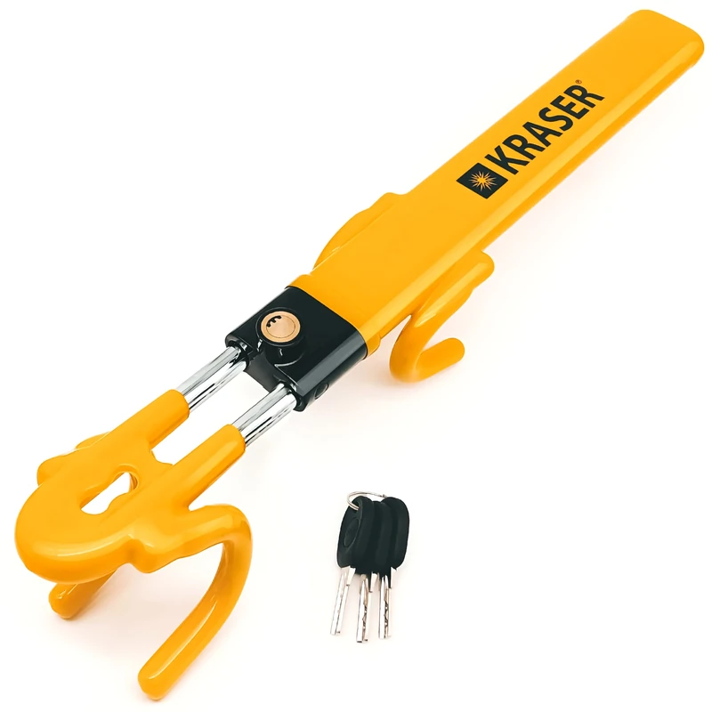 KRASER KR842Y Steering Wheel Clamp with Adjustable Double Hook, High Security, Scratch Protection, Universal Car Steering Wheel Lock, Universal Anti-Theft Device for Car, Home