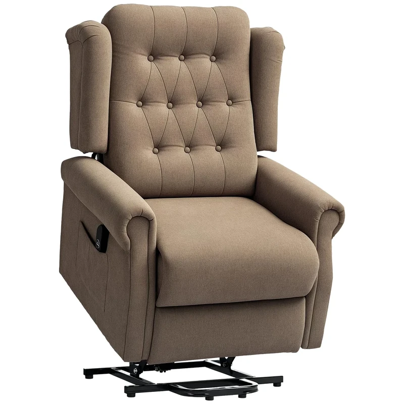 HOMCOM Power Lift Recliner Chair, Wingback Button Tufted Electric Lift Chair for Elderly, Fabric Riser and Reclining Armchair with Remote Control, USB Ports, Side Pockets, for Living Room, Dark Brown