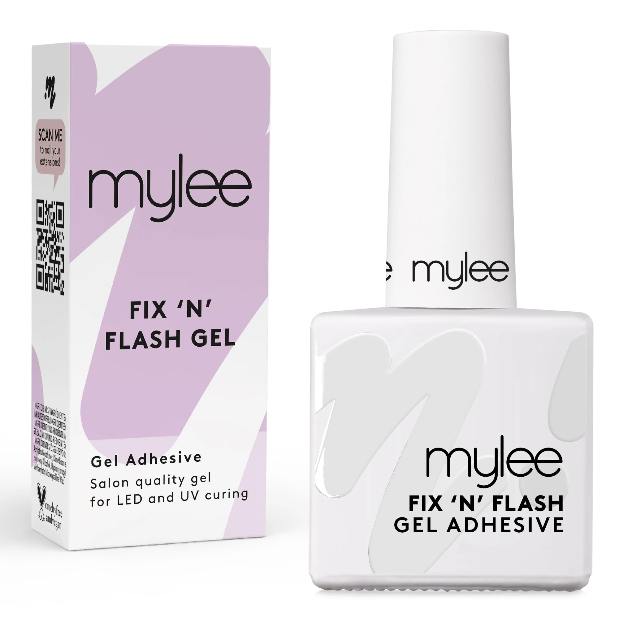 Mylee Fix 'N' Flash Gel 10ml - Brush On Clear Nail Adhesive Glue for Soft Gel Tips, Acrylic Nails, False Nails & Tips, Cures with UV/LED, Soak Off, for Professional, Salon & Home Use