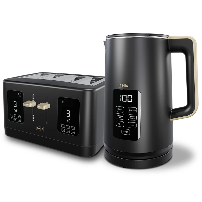 Black 1600W 4 Slice Toaster, 1.7L 3000W Digital Kettle | Toaster with Detachable Crumb Tray, Digital Control Panel with Countdown Timer, BPA-Free Auto Shut-off Electric Temperature Control Kettle