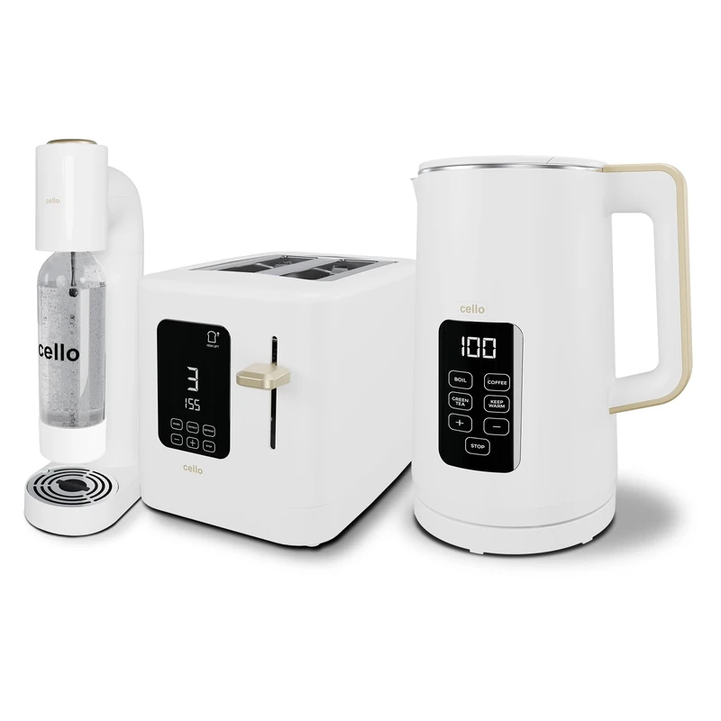White 800W 2 Slice Toaster, 1.7L 3000W Digital Kettle, Sparkling Water and Soda Maker | Digital Control Panel with Countdown Timer, BPA-Free Auto Shut-off Electric Temperature Control Kettle