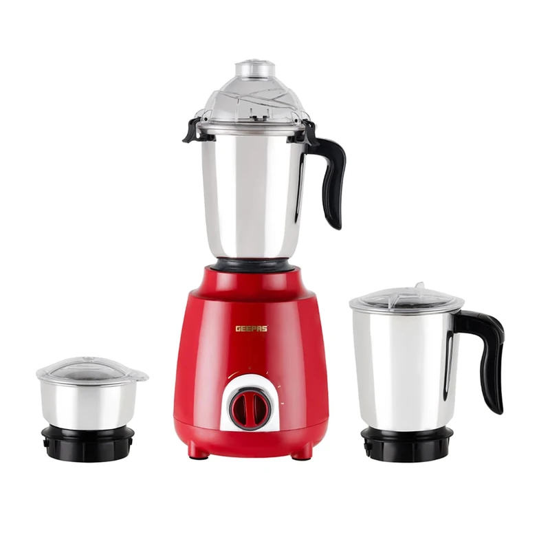 GEEPAS 600W 3-in-1 Mixer Grinder | Stainless Steel Jars, Blades | 3 Speed Control, Perfect for Chutney, Dry & Wet Fine Grinding Mixing | Overload Protection | Shockproof Body | 2 Year Warranty, Red