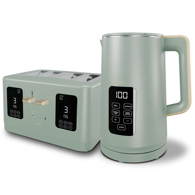 Sage Green 1600W 4 Slice Toaster, 1.7L 3000W Digital Kettle | Toaster with Detachable Crumb Tray, Digital Control Panel with Countdown Timer, BPA-Free Auto Shut-off Electric Temperature Control Kettle