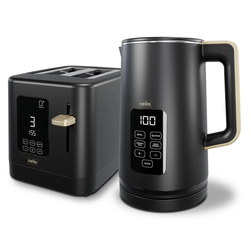 Black 800W 2 Slice Toaster, 1.7L 3000W Digital Kettle | Toaster with Detachable Crumb Tray, Digital Control Panel with Countdown Timer, BPA-Free Auto Shut-off Electric Temperature Control Kettle