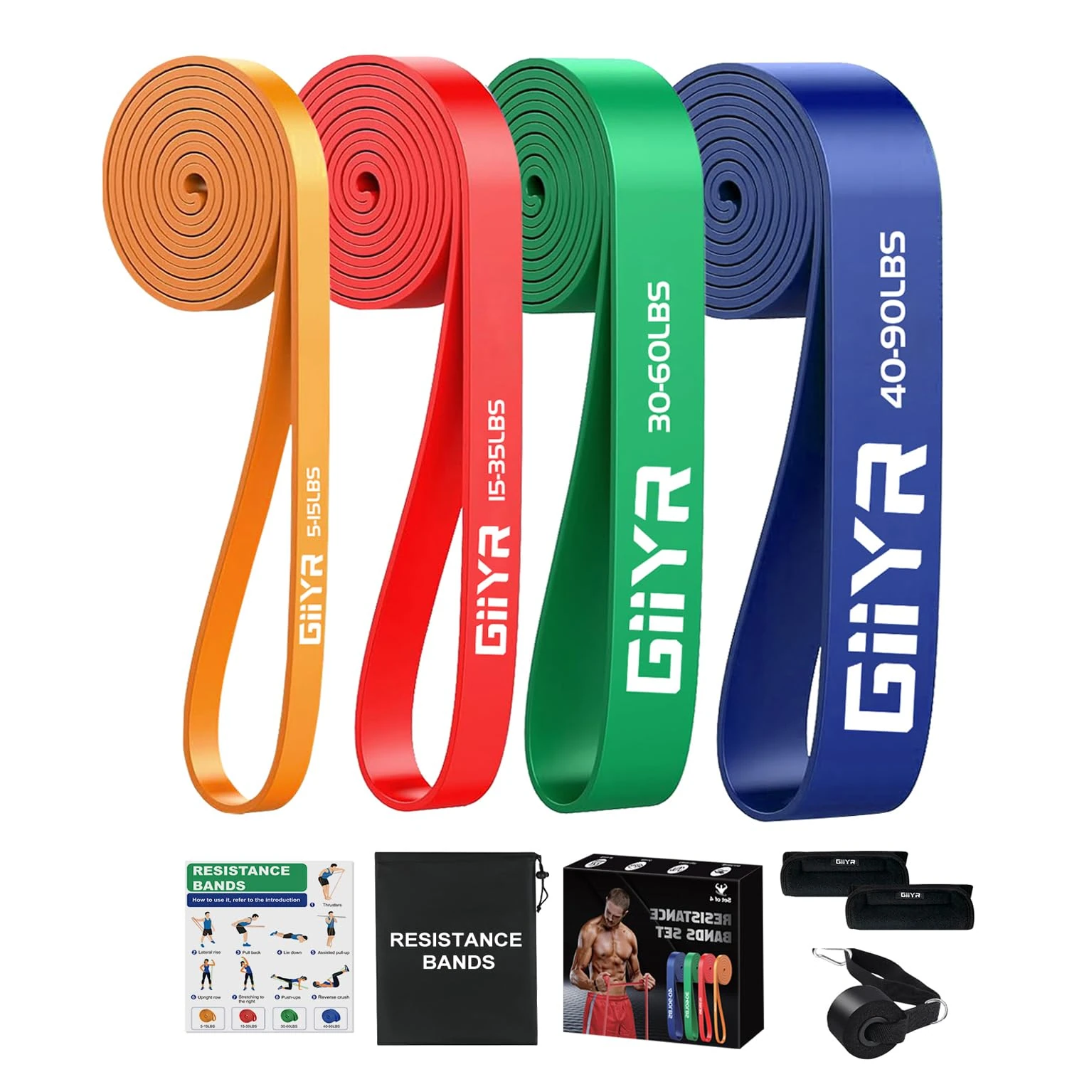 Giiyr Resistance Bands Set for Men & Women - 4 Levels Exercise Band with Door Anchor, Pull Up Bands for Strength Training, Stretching, Powerlifting, Home Workouts, and CrossFit