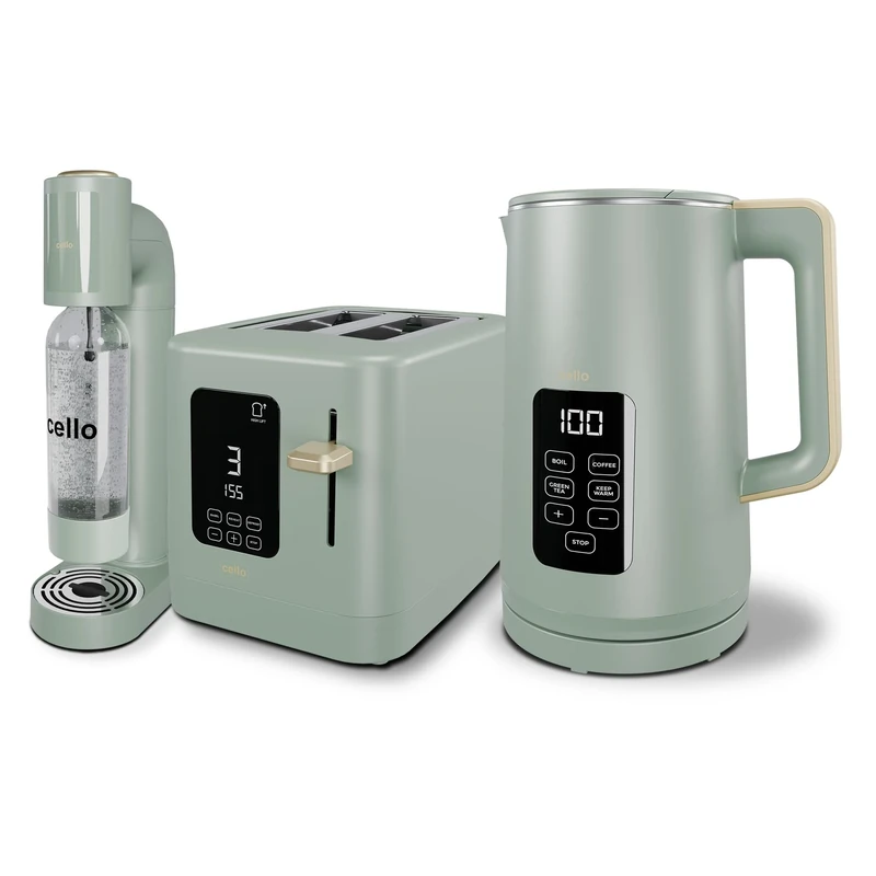 Sage Green 800W 2 Slice Toaster, 1.7L 3000W Digital Kettle, Sparkling Water and Soda Maker | Digital Control Panel with Countdown Timer, BPA-Free Auto Shut-off Electric Temperature Control Kettle