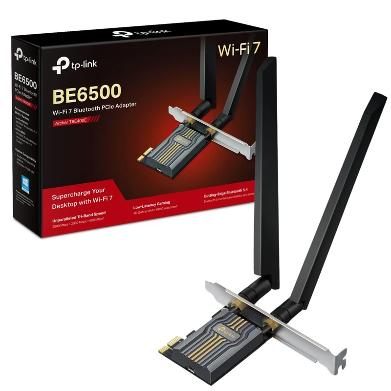 TP-Link Archer TBE400E BE6500 4K-QAM Wi-Fi 7 Bluetooth 5.4 PCIe Adapter, Tri-Band Speeds up to 2882 Mbps, OFDMA and MU-MIMO, Low-Profile Bracket, Refined Security, Wider Signal Coverage, Easy Setup