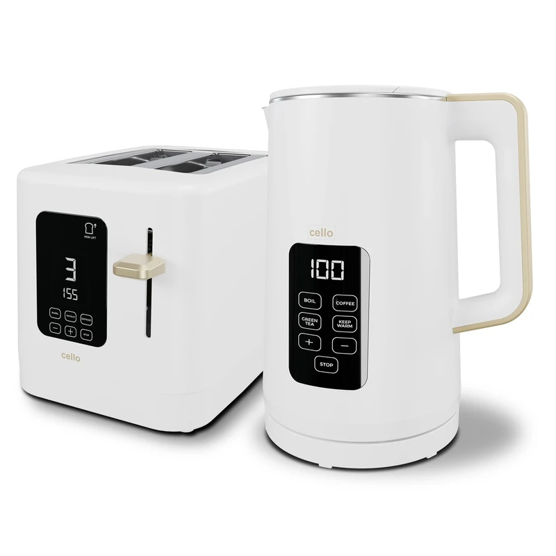 White 800W 2 Slice Toaster, 1.7L 3000W Digital Kettle | Toaster with Detachable Crumb Tray, Digital Control Panel with Countdown Timer, BPA-Free Auto Shut-off Electric Temperature Control Kettle
