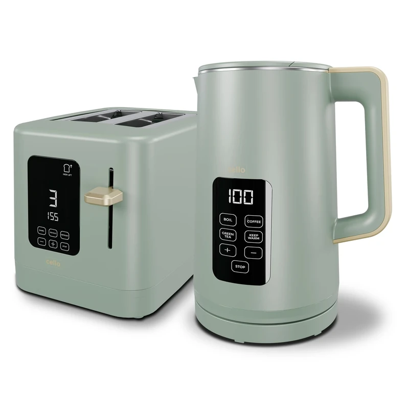 Sage Green 800W 2 Slice Toaster, 1.7L 3000W Digital Kettle | Toaster with Detachable Crumb Tray, Digital Control Panel with Countdown Timer, BPA-Free Auto Shut-off Electric Temperature Control Kettle