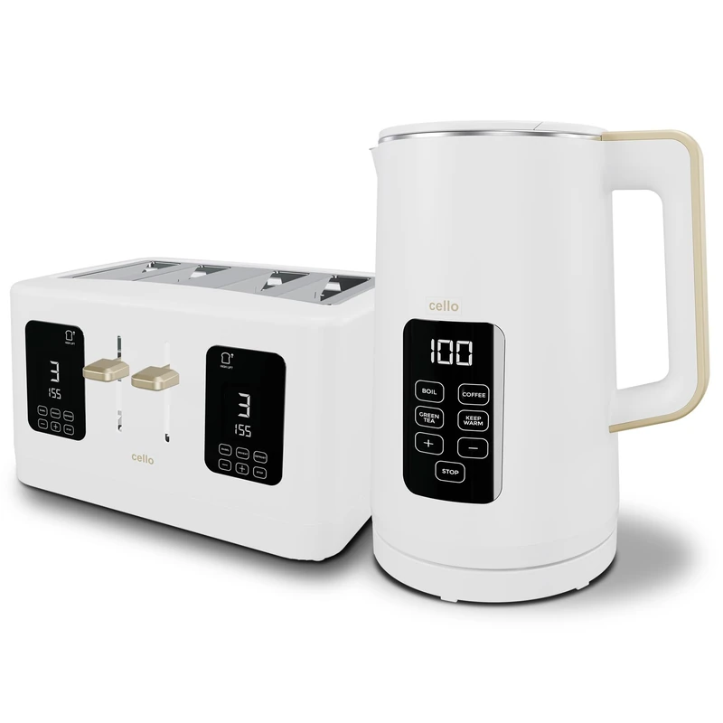 White 1600W 4 Slice Toaster, 1.7L 3000W Digital Kettle | Toaster with Detachable Crumb Tray, Digital Control Panel with Countdown Timer, BPA-Free Auto Shut-off Electric Temperature Control Kettle