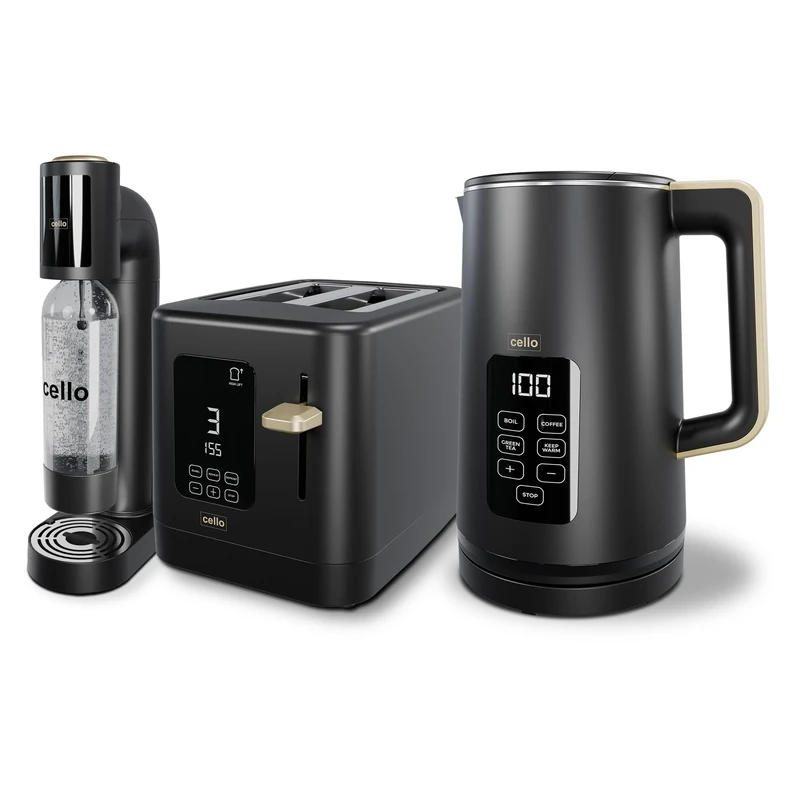 Black 800W 2 Slice Toaster, 1.7L 3000W Digital Kettle, Sparkling Water and Soda Maker | Digital Control Panel with Countdown Timer, BPA-Free Auto Shut-off Electric Temperature Control Kettle