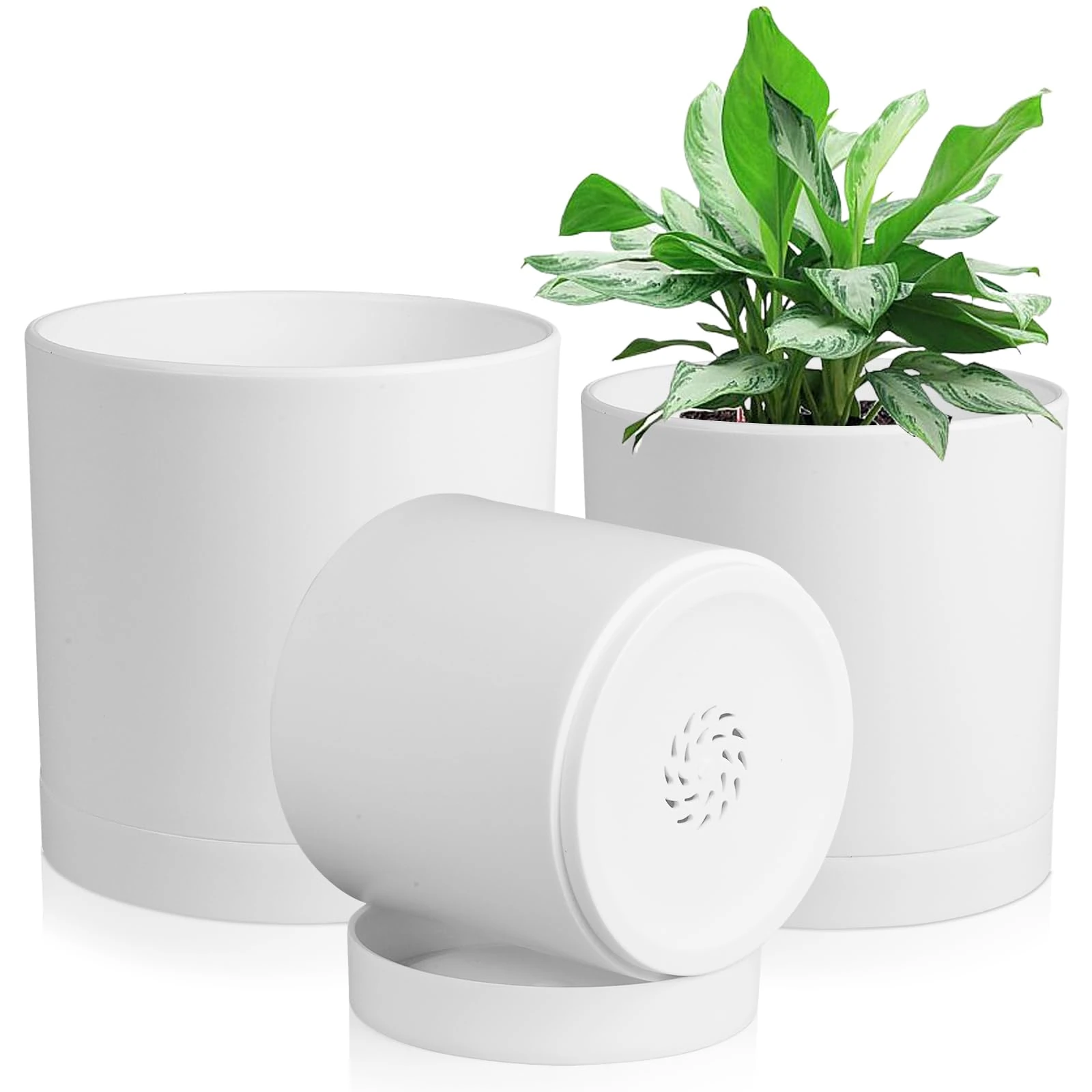 Homeuouz 3 Pack Plastic Plant Pots,15/12.5/10CM,Flower Pot Large Plant Pots Indoor Outdoor Plastic Plant Pot with Drainage Holes and Tray for House Plant Flower(White)