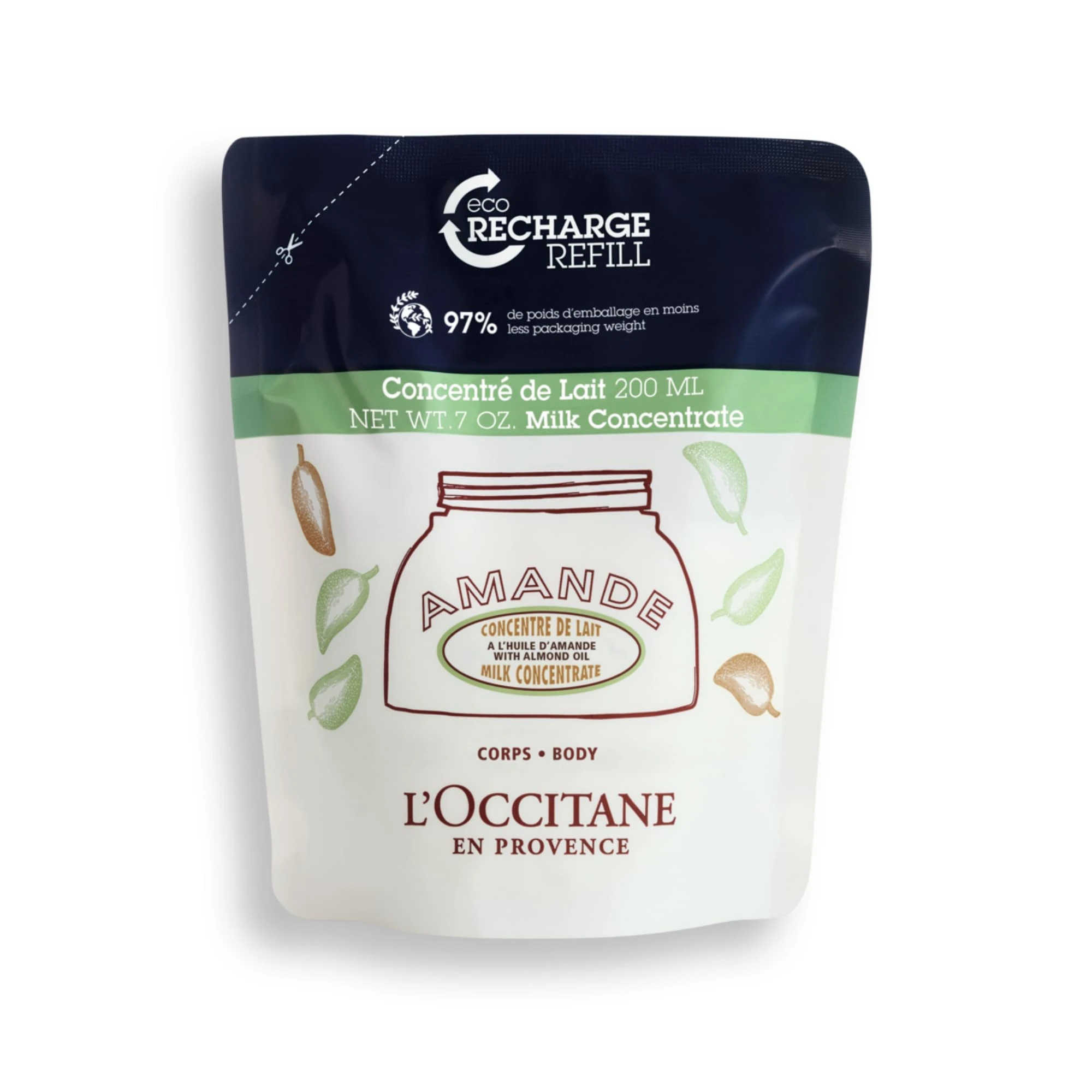 L'OCCITANE Almond Milk Concentrate Refill 200ml | Enriched with Sweet Almond Oil | Vegan & 95% Readily Biodegradable | Luxury & Clean Beauty Body Care for All Skin Types