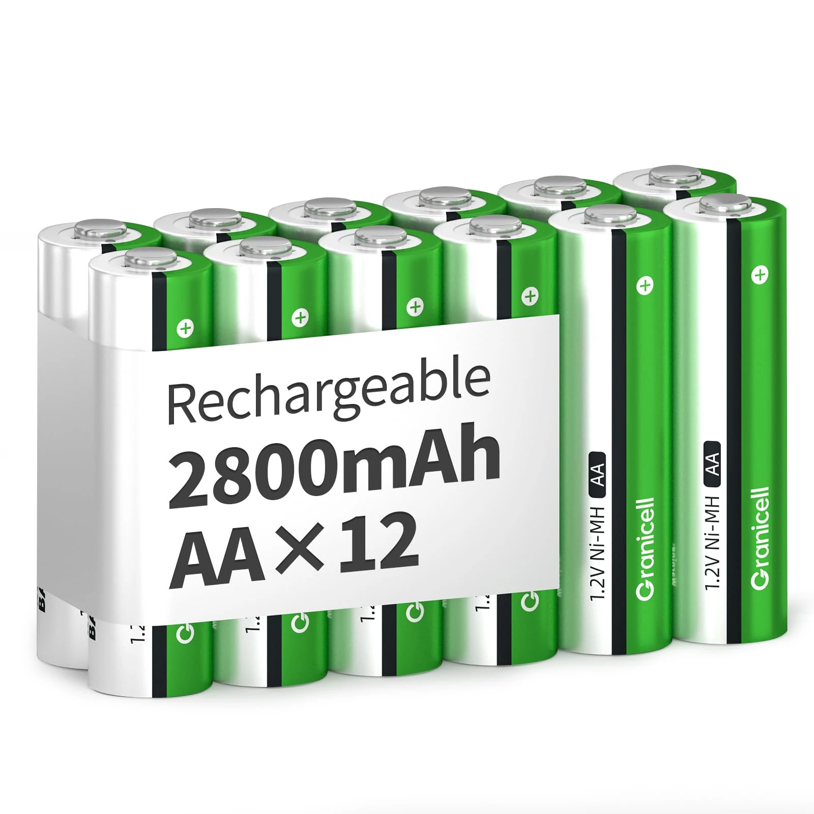 Granicell Rechargeable AA Batteries, 2800 mAh High Capacity Double A Battery, 1.2V NiMH Low Self-Discharge AA Batteries, 12 Pack