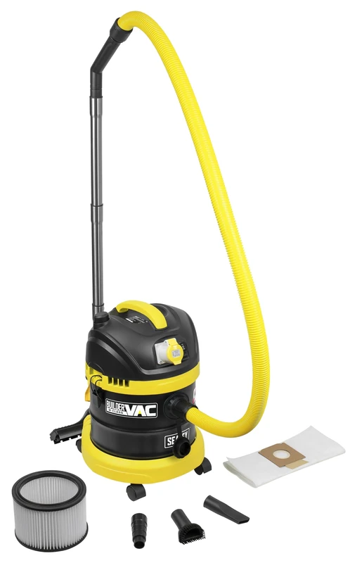 Sealey BuilderVac® Wet & Dry Vacuum Cleaner, M Class Filtration, Stainless Steel Drum, 15L, 110V, 1000W - PC150BV110V, Black/Yellow