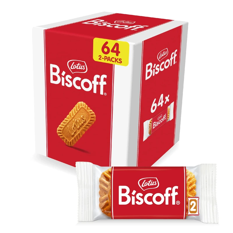 Lotus Biscoff, Caramelised Biscuit, 64 Indivually Wrapped 2 Packs, 128 Biscuits Ingredients from Natural Origins, Vegan, Nut Free Recipe, 0.9kg