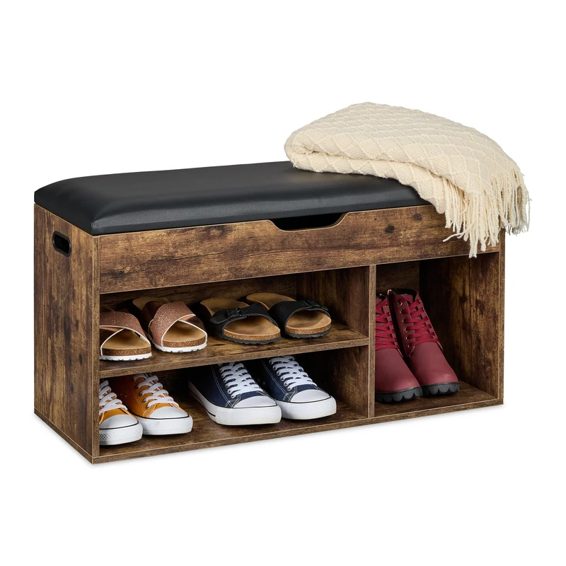 Relaxdays Shoe Bench, Footwear Rack with 3 Compartments, HWD: 46x80x30 cm, Upholstered Industrial Seat, Brown/Black, Plastic, Fibreboard