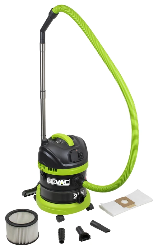 Sealey PC150BV, BuilderVac Wet & Dry Vacuum Cleaner, M Class Filtration, Stainless Steel Drum, 15L, 230V, 1400W, Green/Black