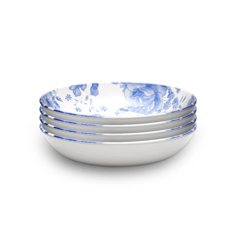 Wade Blue Floral Set of 4 Pasta Bowls with Pale Blue & White Floral Pattern, Crafted from Earthenware, Made in Stoke-on-Trent, 22.5cm, Blue