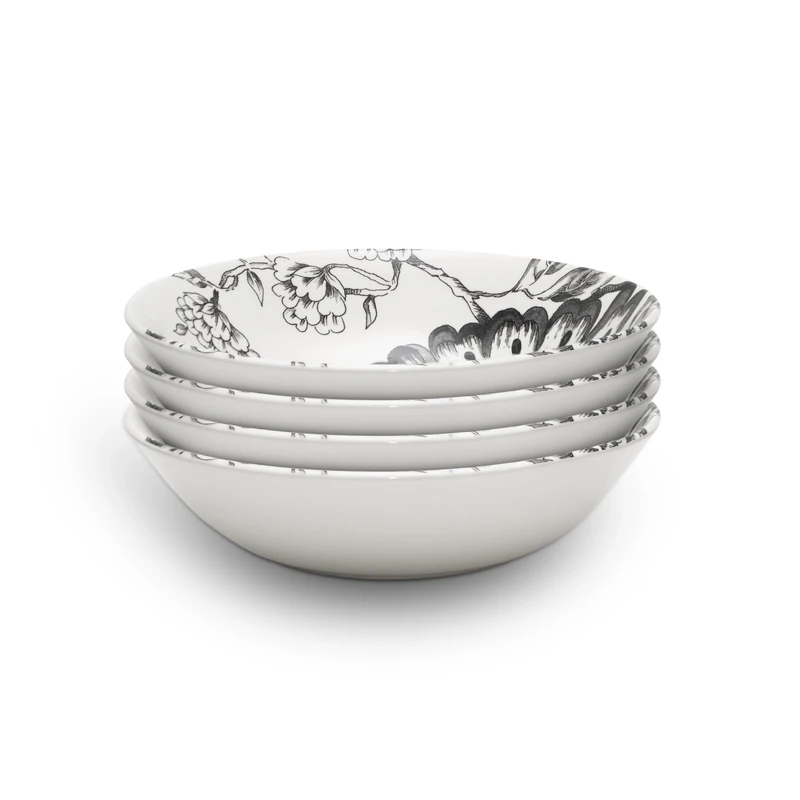 Wade Botanical Night Set of 4 Cereal Bowls with Black Floral Design, Crafted from Earthenware, Made in Stoke-on-Trent, 19cm, Black