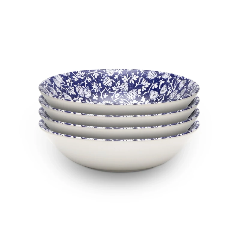Wade Eton Set of 4 Cereal Bowls with Blue Strawberry Design, Crafted from Earthenware, Made in Stoke-on-Trent, 19.5cm, Blue