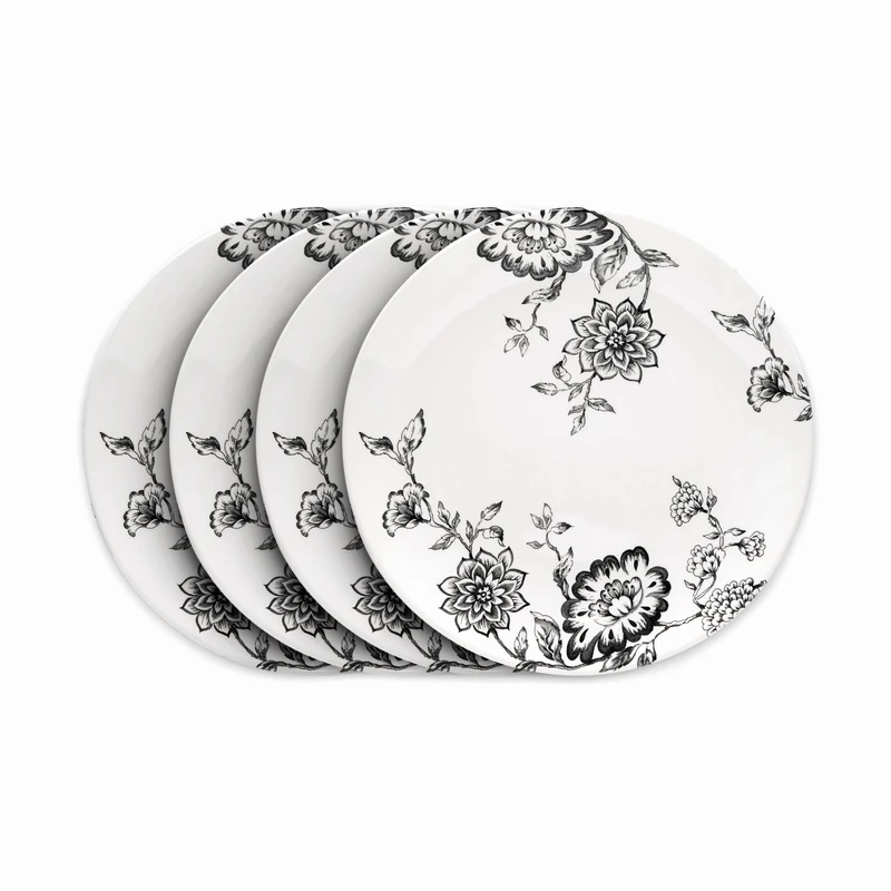Wade Botanical Night Set of 4 Dinner Plates with Black Floral Design, Crafted from Earthenware, Made in Stoke-on-Trent, 28cm, Black